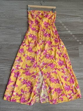Strapless Floral Maxi Dress in Yellow & Hot Pink